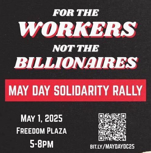 A black and white poster with red lettering.