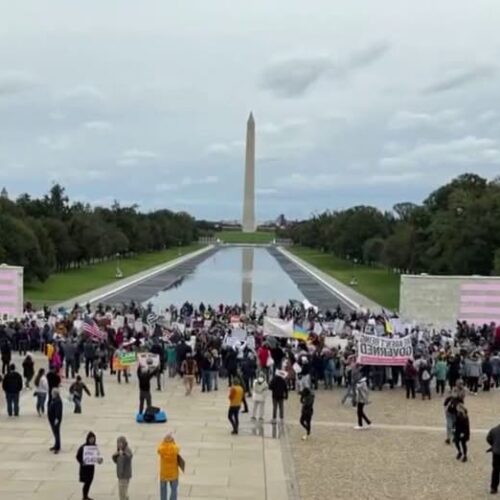 Manifestantes del movimiento «No Kings Day» (Día sin Reyes) instan a la ciudadanía a votar de forma anticipada antes del 3 de noviembre